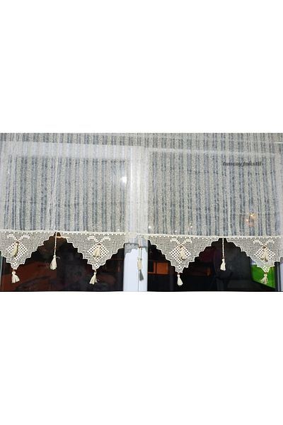 TUNCAY TEKSTİL Bodrum Buldan Tulle Curtain Authentic Hand Lace Bohemian Style Striped Tulle Curtain