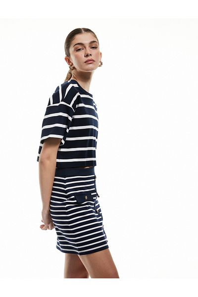 Koton Cotton Applique Detailed Buttoned Striped Mini Skirt