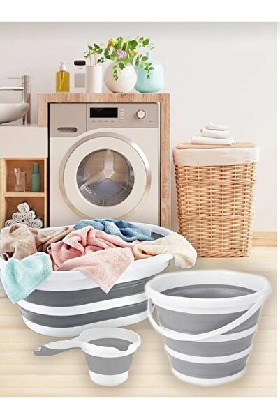 Herza House Katlanır Çamaşır Sepeti 3 Lü Set- Katlanabilir Akordiyon Su Kovası -maşrapa