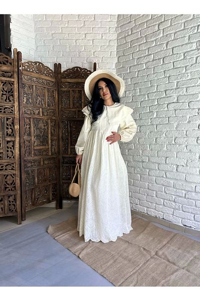 moneta boutique Γυναικείο μωρό γιακά με δαντέλα με λεπτομέρεια μακρύ φόρεμα με φασόλια