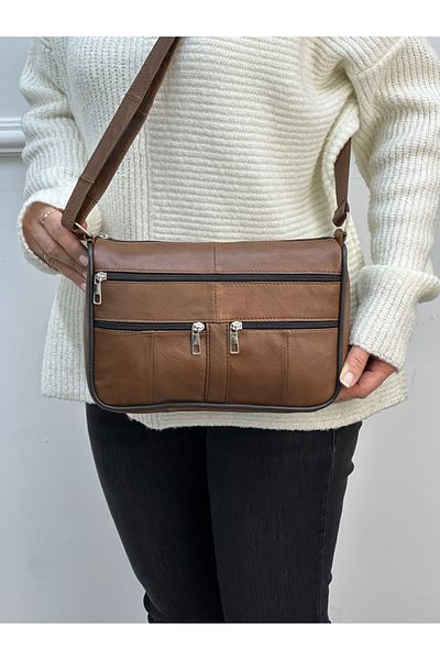 Deribag Piele autentică, curea încrucișată, geantă zilnică, geantă de umăr pentru femei, maro 25*19*8 cm