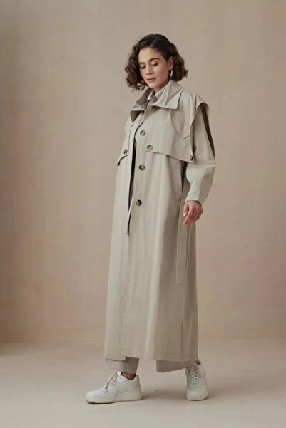 ch cherisa kadın trençkot taş rengi kemer ve cep detaylı astarsız