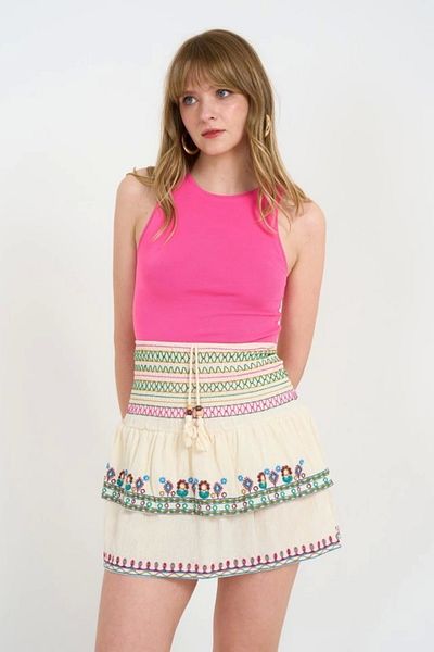 Panku Bizu Design Store Ecru Lima Skirt - Ethnic Pattern, Embroidered and Ruffled