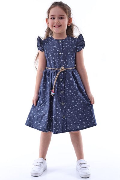 minitrends Girl's Printed Buttoned Denim Dress