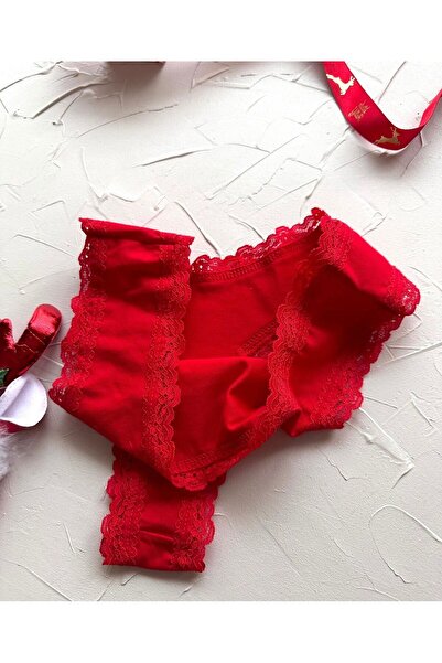 İntive Lingerie Kadın Kırmızı Dantelli Pamuklu Paketli Tanga/İç Çamaşırı (Yılbaşı Özel)