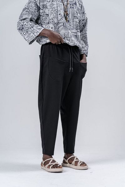 Superbluemexico Men's Carrot Black Baggy Trousers with Reverse Pockets