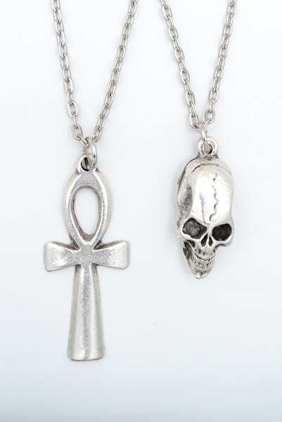 Bu Farklı 2'li Ankh Anahtarı - Nil'in Anahtarı - Kuru Kafa Gümüş Kaplama Koly...