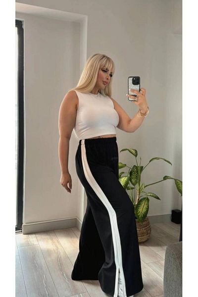 fly just Women's Plus Size Stretchy Crystal Pants with Side Stripess and Slit