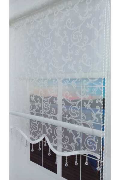 BULUT Çift Mekanizmalı Sarmaşık Desen Boncuklu Tül Stor Perde Beyaz