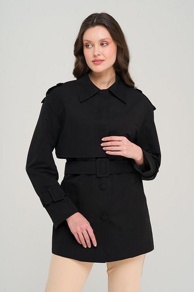 Olcay Lined Short Trench Coat with Cape and Belt Black 6689