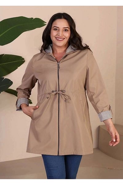 kaes giyim Women's Short Hijab Trenckot Large Size Zippered Trenc