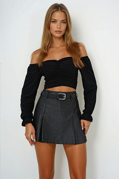 VAGGON Fusta mini pantaloni scurți țesute cu pliuri cu centură antracit pentru femei Prmx13707