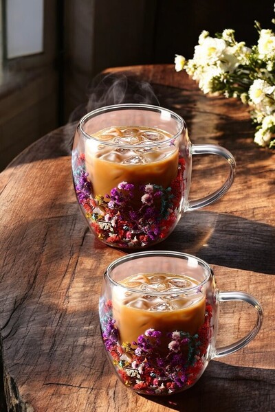 ellahomedekor Çift Cidarlı 250 ml Kulplu Cam Kupa 2'li | Çiçekli Şeffaf Kahve...