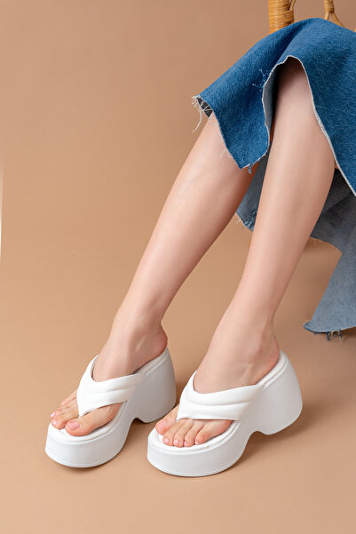 SEEM & BE İrina Wedge Platform Sole Women's White Flip Flops Slippers