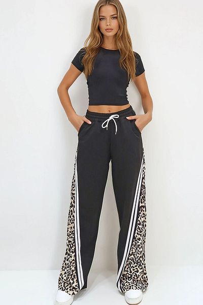 VAGGON Pantaloni evazați de damă, bej, cu buzunar dublu, cu imprimeu leopard, Prmx13660