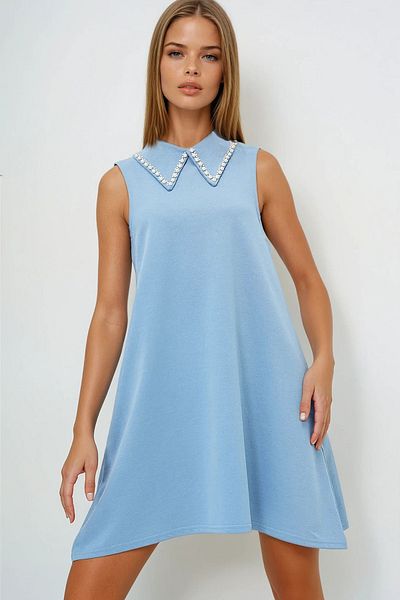 VAGGON Rochie de bază fără mâneci cu guler de perle artificiale albastre Prmx13480