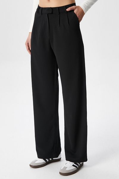Ritnice Women's Flow Hook Closure Pocket Black Fabric Trousers