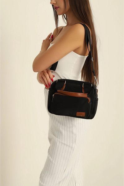 FHD BAGS Geantă de mână și de umăr din material textil impermeabil pentru femei, model Paleo, cu 3 compartimente și 2 buzunare laterale