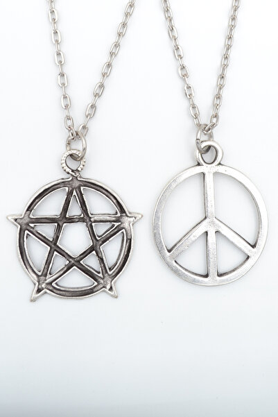 Bu Farklı 2'li Pentagram Wicca - Barış İşareti Peace Gümüş Kaplama Kolye Seti