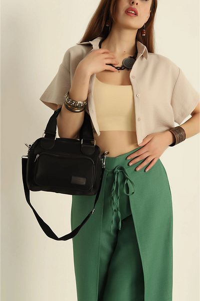 FHD BAGS Geantă de mână și de umăr din material textil impermeabil pentru femei, model Paleo, cu 3 compartimente și 2 buzunare laterale