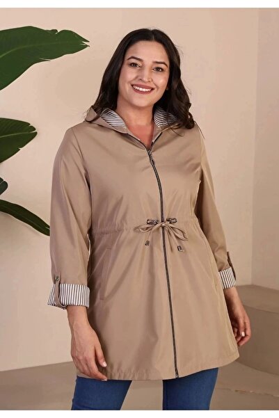 kaes giyim Kadin Kisa Tesettur Trenckot Buyuk Beden Fermuarlı Trenc