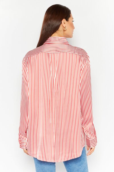 Esprit Women Spread Collar Long Sleeve Stripe Shirt, Red