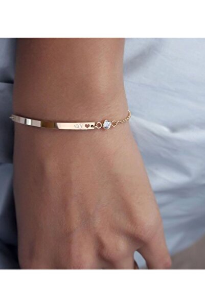 Papatya Silver 925 Ayar Gümüş Zirkon Taşlı Kalp Figürlü Plaka Bileklik