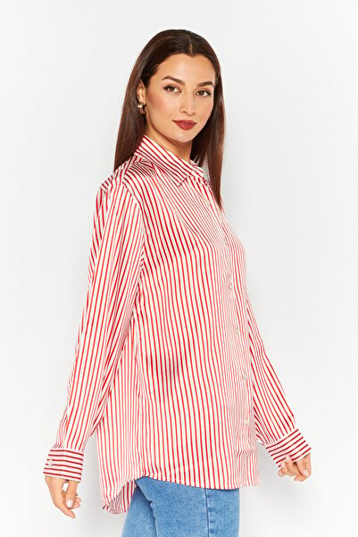 Esprit Women Spread Collar Long Sleeve Stripe Shirt, Red