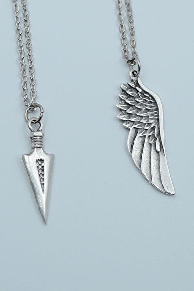 2-Piece Arrowhead Triagle Eagle Angel Wing Silver Plated Necklace Set