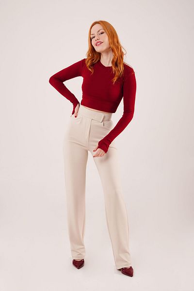 Femella Women Fashion Velcro Closure Detailed Cream Trousers