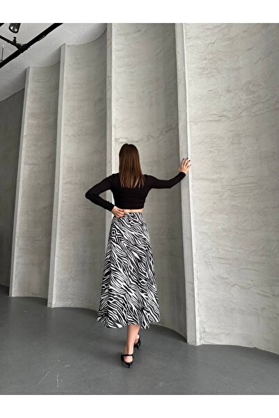 hiraz fashion Women's Zebra Print Midi Length Satin Skirt