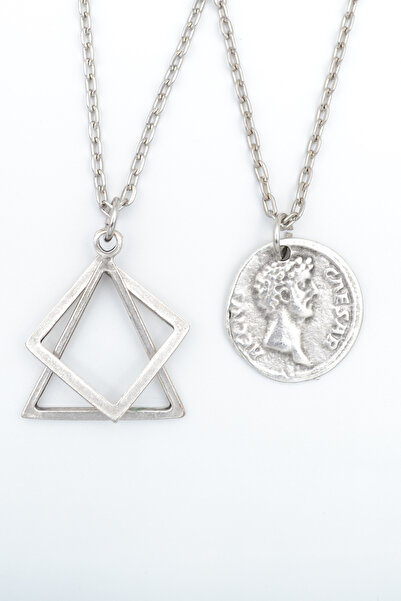 2 Pieces Caesar Coin -Triangle Square Geometric Silver Plated Necklace Set