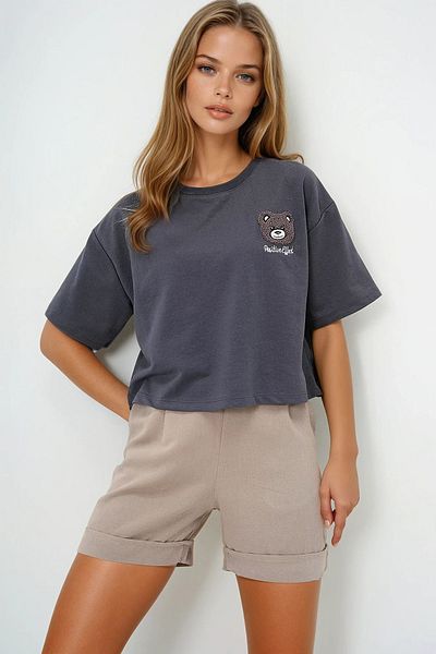 VAGGON Tricou crop oversize cu decolteu antracit Prmx13675