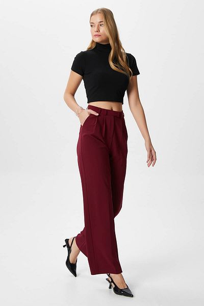 Ritnice Women's Flow Hook Closure Pocket Burgundy Fabric Trousers