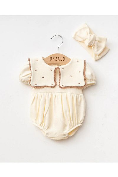 İnci İncibaby 100% Cotton Heart Embroidered Romper Jumpsuit & Bandana Set