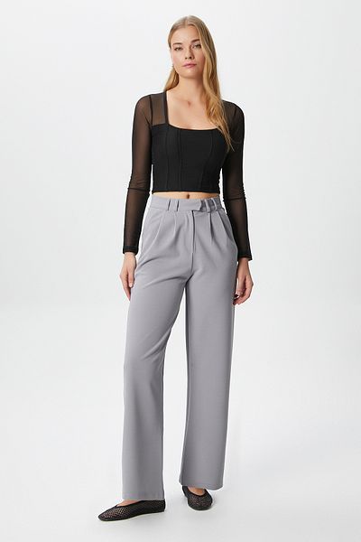 Ritnice Women's Flow Hook Closure Pocket Gray Fabric Trousers