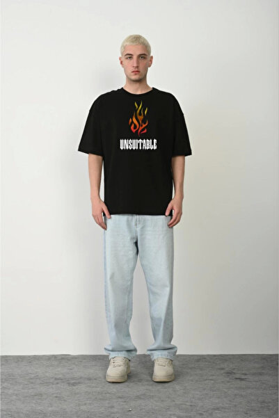 Femella Women Fashion Tricou oversize cu imprimeu unisex cu guler rotund - negru