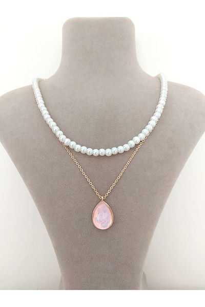 Alexis Carrel Sparkling Gold Drop Model Necklace and Pearl Necklace Set, 2-Piece Combination Necklace