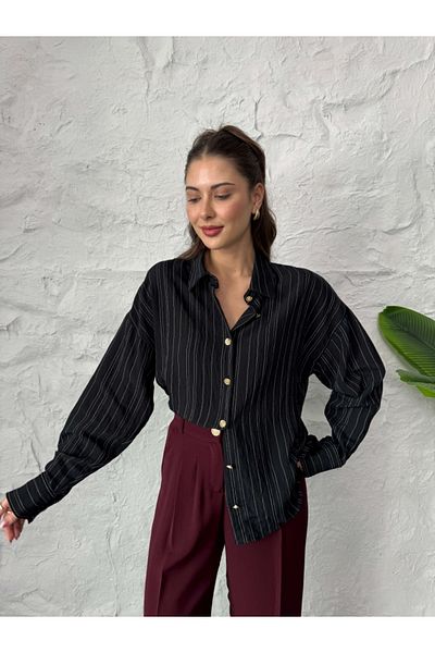 Elif Özbey Butik Cămașă cu dungi cu nasturi aurii negru
