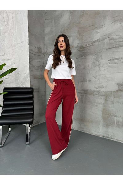 Elif Özbey Butik Burgundy Side Stripe Elastic Waist Trousers