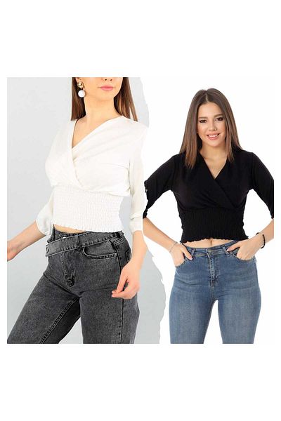 fh fashionhere Women's Gipeli Blouse 2'Li Package Black-Ecru Double Breasted Collar Chic Crop White Blouse