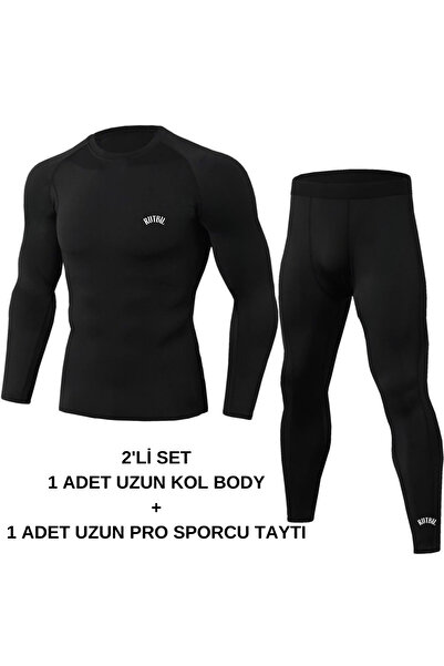 RUTBİL SPORTS 2'Lİ SİYAH BODY + UZUN PRO TAYT-SPOR -FİTNESS-GYM-KOŞU-FUTBOL-ANTRENMAN ALT ÜST 2'Lİ SET SİYAH