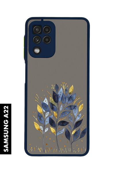 mooodcase Samsung A22 Uyumlu Mavi Yaprak Desenli MatGuard Buzlu Şeffaf Telefon Kılıfı