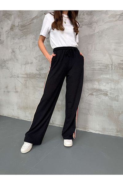 Elif Özbey Butik Black Side Stripe Elastic Waist Trousers
