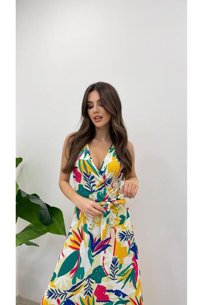 Nazline Дамска дълга рокля с двойна яка, колан и нулев ръкав, от гъвкав плат с шарки