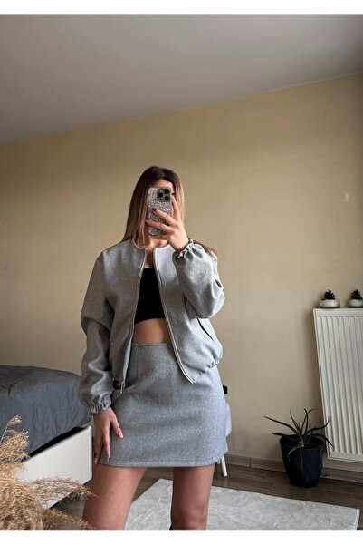 imrayboutique Kadın Gri Bomber Ceket Etek Takım