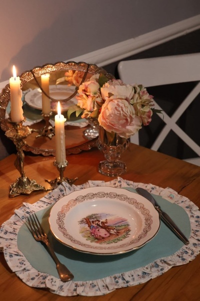 vintagetasarım Amerika Servis Oval Çiçekli Fırfırlı Vintage Mavi 2 Adet