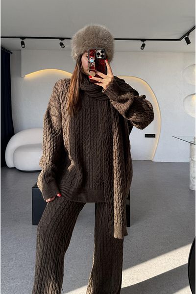Tulipabutik Knitwear Fabric Bottom Top Scarf Triple Set