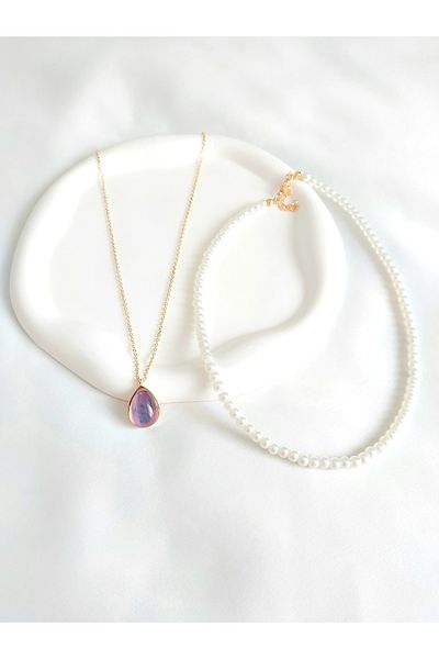 Alexis Carrel Sparkling Gold Drop Model Necklace and Pearl Necklace Set, 2-Piece Combination Necklace
