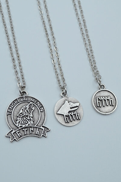 Bu Farklı 3'lü TenGri Biz Menen - Göktürkçe Türk Gümüş Kaplama Kolye Seti